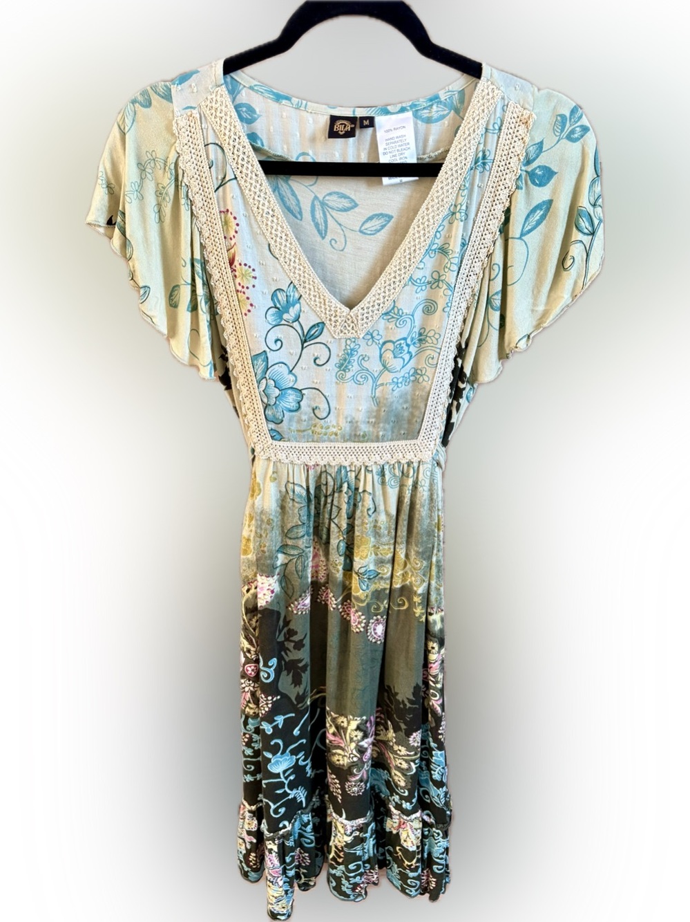 Bila Blue and Cream Floral Maxi Dress with Crochet Trim